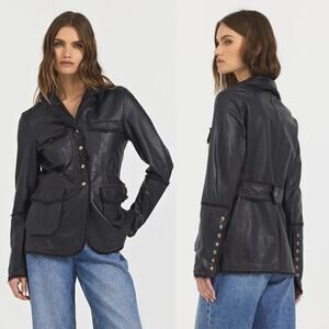 Jakett Meryl Vintage Leather Jacket Snap Front Fringe Seam Midnight L NWT